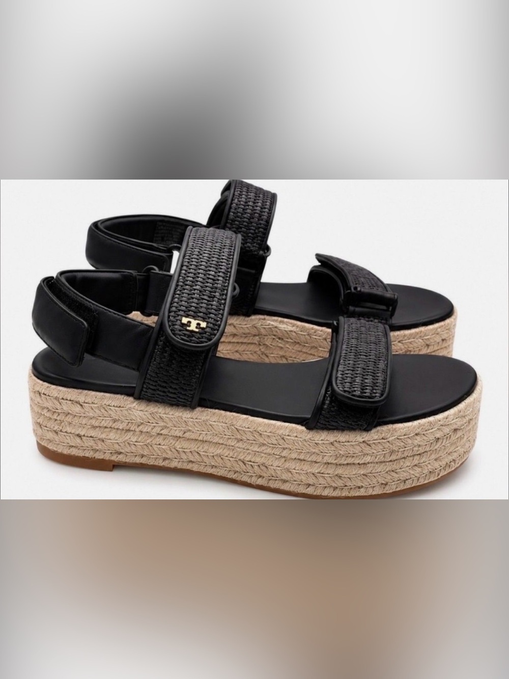 Tory Burch Black Woven Espadrille Slide Sandal with Gold Logo Size 9